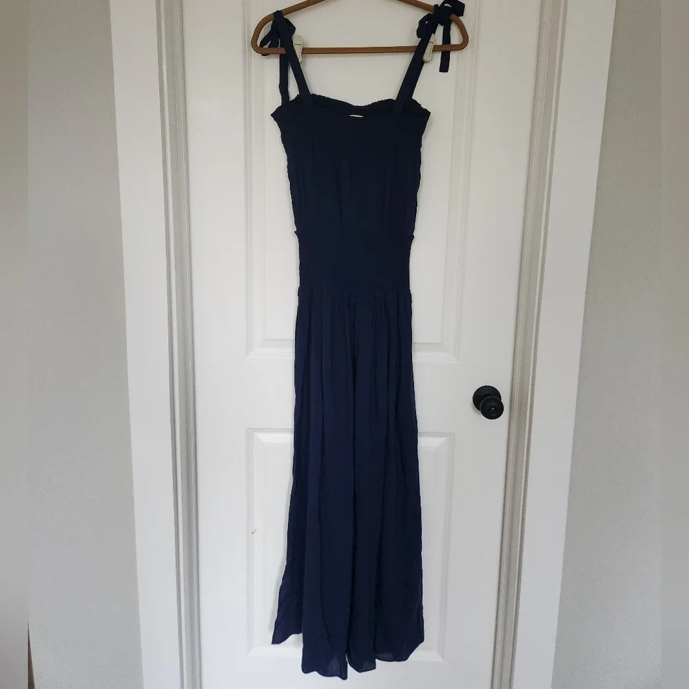 Tory Burch Smocked Tie Shoulder Wide Leg Jumpsuit Resort Flowy Navy Blue XS